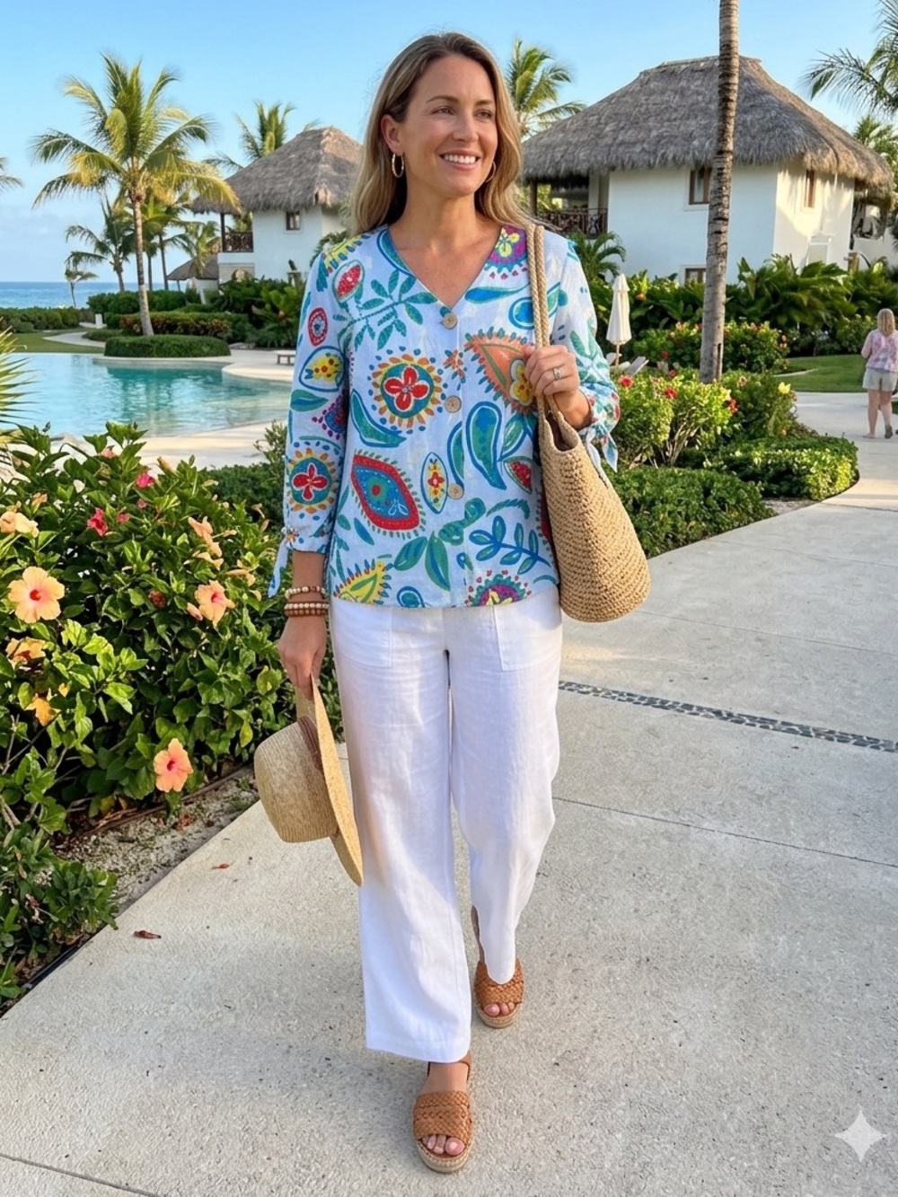 Hester & Orchard Anthropologie Womens L Blue Floral Paisley Linen Blend Blouse
